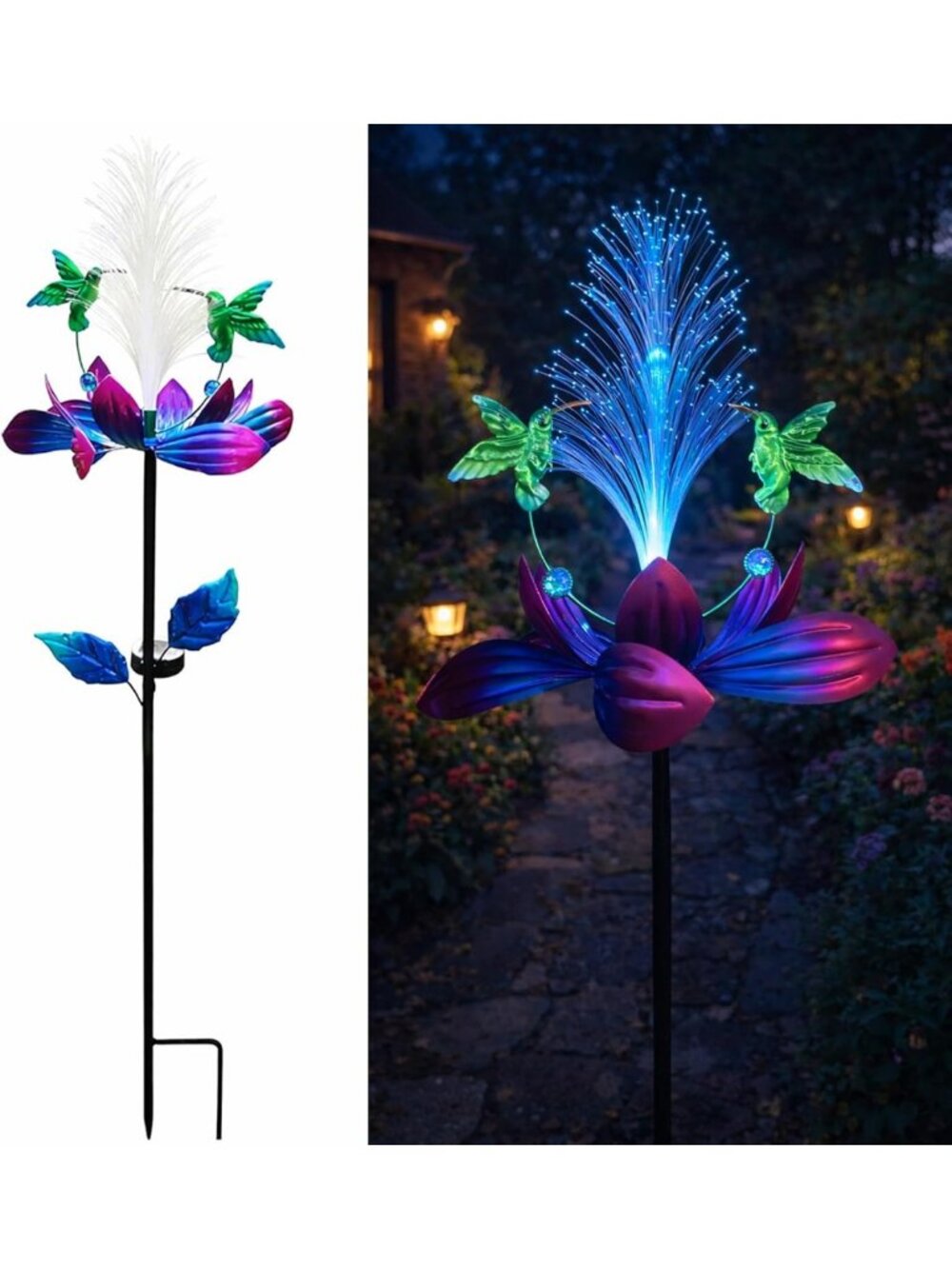 Color Changing Solar Hummingbird Wind Spinner 49" Metal Garden Art Gift for Mom